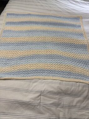 Handmade Crochet Baby Blanket - Blue & Cream Stripes